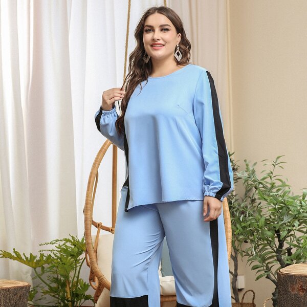 

Plus Color Block Asymmetrical Top & Pants, Blue