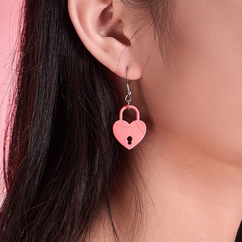 

Heart Lock Drop Earrings, Pink