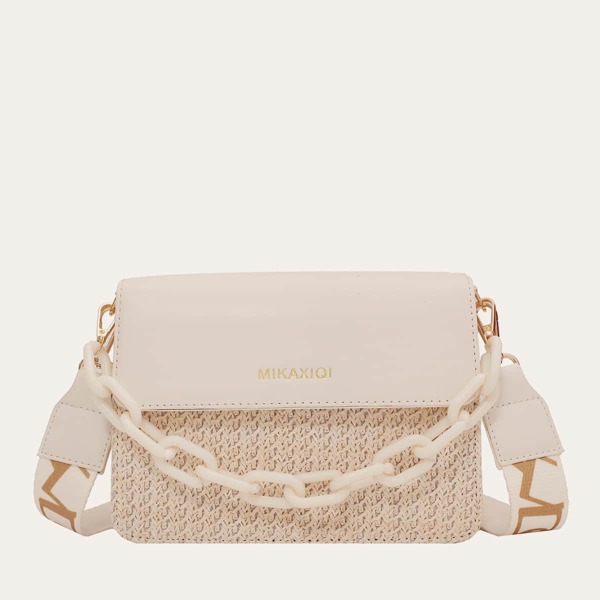 

Letter Embossed Chain Square Bag, Beige
