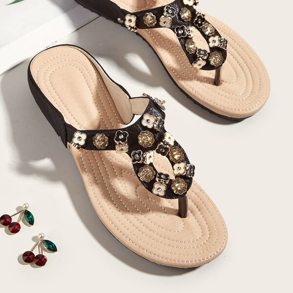 

Metal Decor Thong Sandals, Black