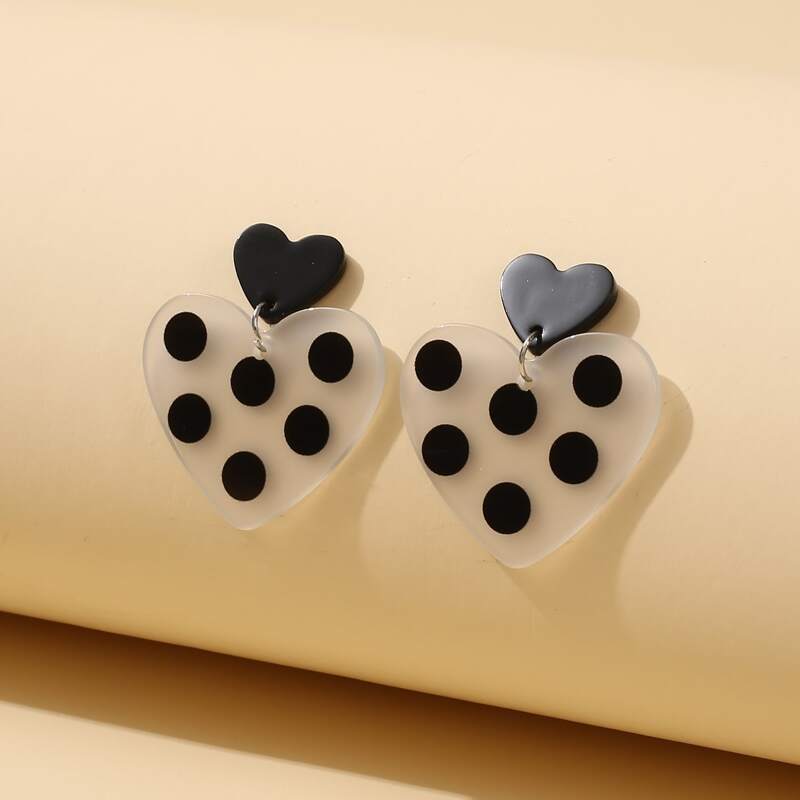 

Polka Dot Heart Drop Earrings, Black and white