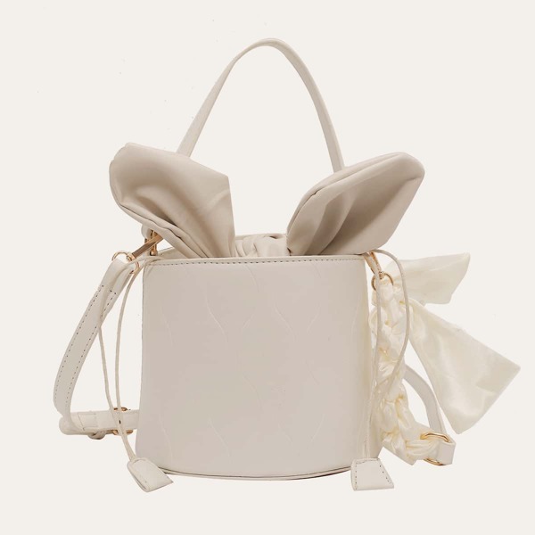 

Twilly Scarf Decor Textured Bucket Bag, Beige