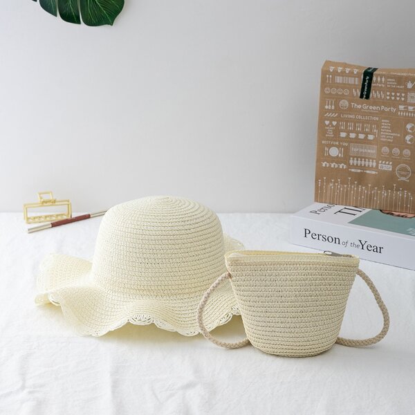 

Girls Minimalist Straw Crossbody Bag With Hat, White