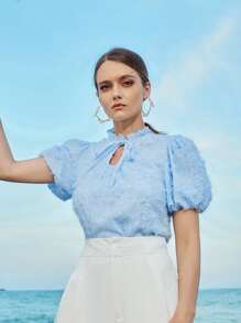 Bishop Sleeve Solid Fuzzy Blouse - Baby Blue - View 1