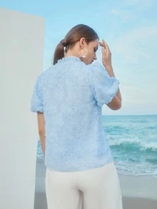 Bishop Sleeve Solid Fuzzy Blouse - Baby Blue - View 2