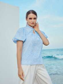 Bishop Sleeve Solid Fuzzy Blouse - Baby Blue - View 3