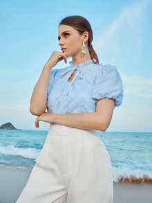 Bishop Sleeve Solid Fuzzy Blouse - Baby Blue - View 4