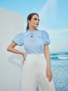 Bishop Sleeve Solid Fuzzy Blouse - Baby Blue - View 5