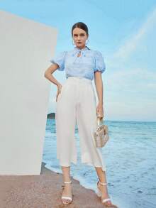 Bishop Sleeve Solid Fuzzy Blouse - Baby Blue - View 6