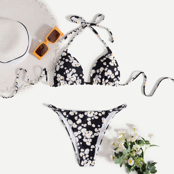 

Floral Halter Triangle Thong Bikini Swimsuit, Multicolor