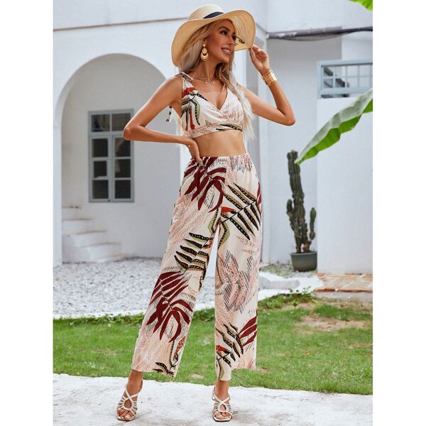 

Leaf Print Tie Shoulder Cami Top & Pants Set, Multicolor