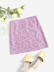 SHEIN Ditsy Floral Split Hem Skirt - Multicolor - View 1