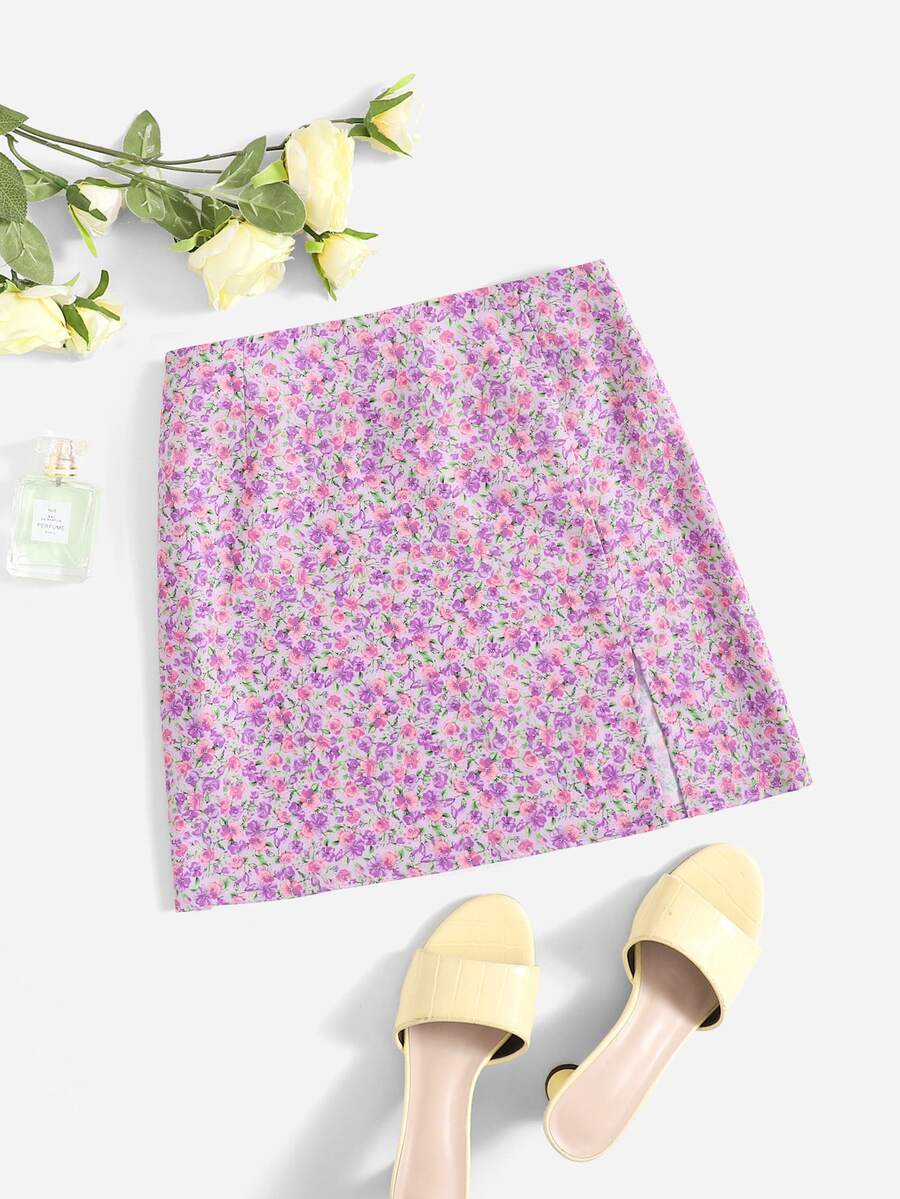 SHEIN Ditsy Floral Split Hem Skirt - Multicolor - View 1