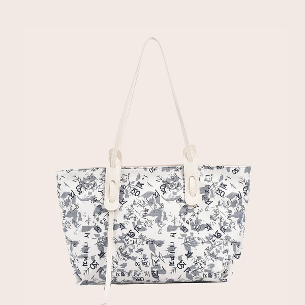 

Letter Graphic Shoulder Tote Bag, White