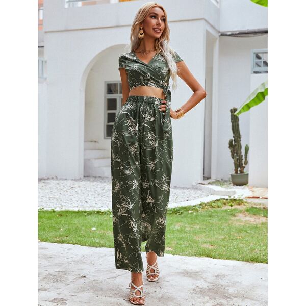 

Surplice Neck Knot Floral Top & Wide Leg Pants Set, Multicolor