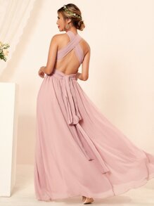 SHEIN Belle Criss Cross Tie Backless Split Thigh Bridesmaid Dress Elegant Formal Evening Prom Wedding Guest Gown, For Graduation, Dinner Party Dress - Baby Pink - View 1