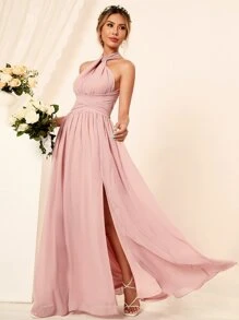 SHEIN Belle Criss Cross Tie Backless Split Thigh Bridesmaid Dress Elegant Formal Evening Prom Wedding Guest Gown, For Graduation, Dinner Party Dress - Baby Pink - View 3