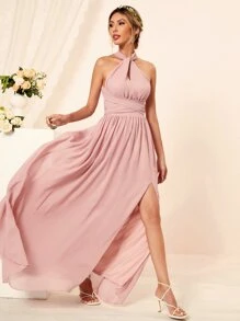 SHEIN Belle Criss Cross Tie Backless Split Thigh Bridesmaid Dress Elegant Formal Evening Prom Wedding Guest Gown, For Graduation, Dinner Party Dress - Baby Pink - View 4