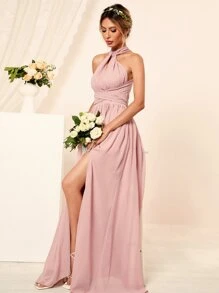 SHEIN Belle Criss Cross Tie Backless Split Thigh Bridesmaid Dress Elegant Formal Evening Prom Wedding Guest Gown, For Graduation, Dinner Party Dress - Baby Pink - View 7