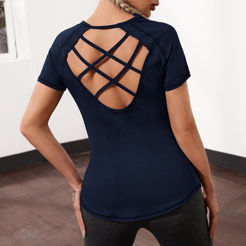 

Criss-cross Open Back Sports Tee, Navy blue