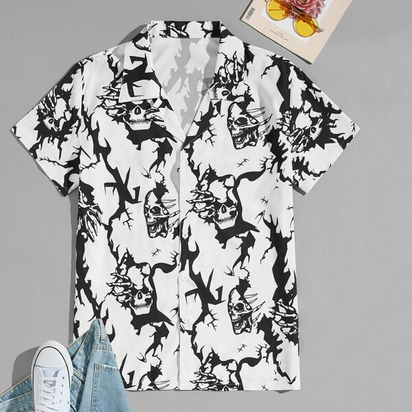 

Men Skull Print Lapel Neck Shirt, Black and white