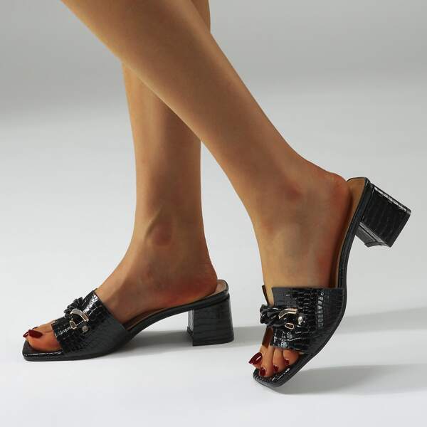 

Chain Decor Cut-out Chunky Heeled Mules, Black