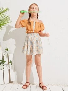 SHEIN Conjunto top corto bajo fruncido de hombros descubiertos con estampado floral con falda - Multicolor - Ver 1