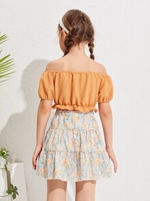 SHEIN Conjunto top corto bajo fruncido de hombros descubiertos con estampado floral con falda - Multicolor - Ver 2