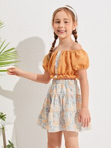 SHEIN Conjunto top corto bajo fruncido de hombros descubiertos con estampado floral con falda - Multicolor - Ver 3