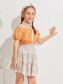 SHEIN Conjunto top corto bajo fruncido de hombros descubiertos con estampado floral con falda - Multicolor - Ver 4