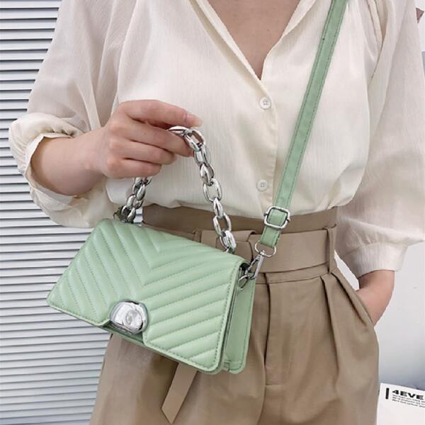 

Metal Decor Quilted Chain Satchel Bag, Green
