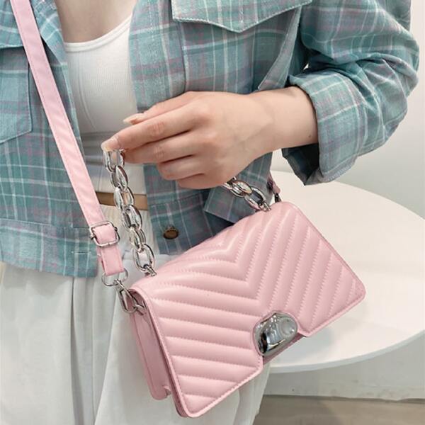 

Metal Decor Quilted Chain Satchel Bag, Baby pink