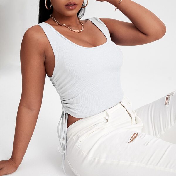 

Plus Drawstring Side Rib-knit Crop Tank Top, White