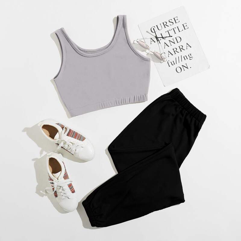 

Solid Crop Tank Top With Pants Lounge Set, Multicolor