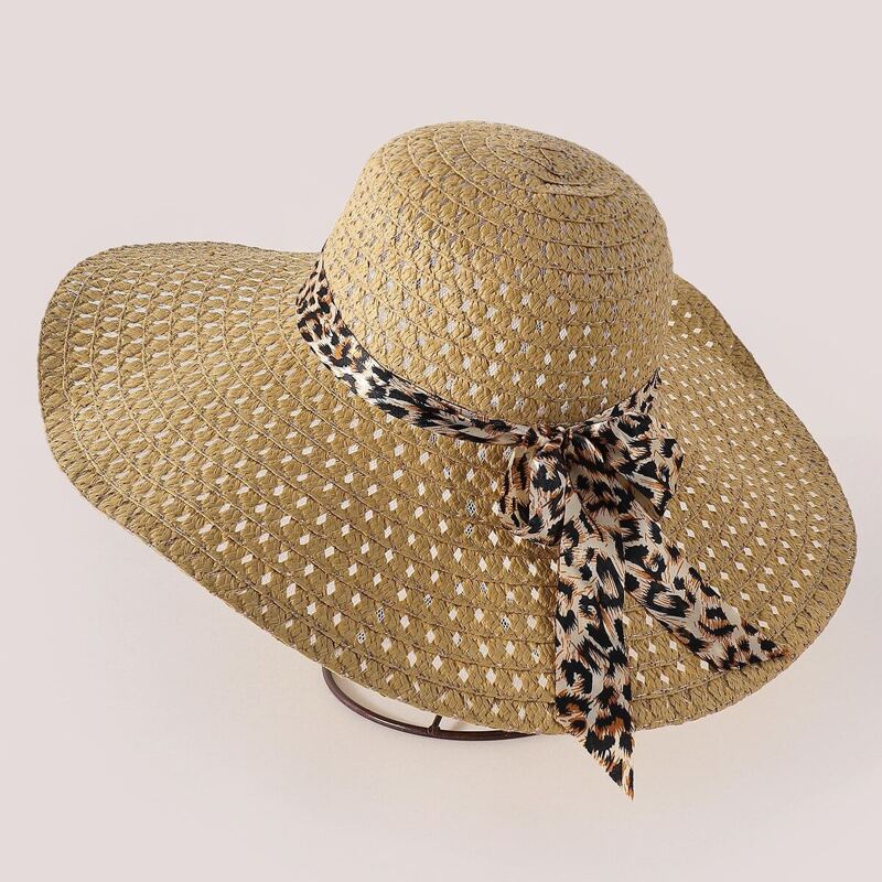 

Leopard Bow Knot Straw Hat, Khaki