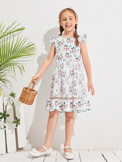 SHEIN Girls Ruffle Trim Floral Print Mesh Dress