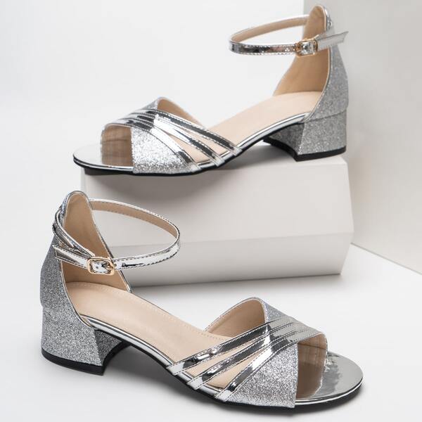 

Glitter Decor Ankle Strap Chunky Sandals, Silver
