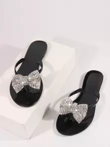 Preppy Outdoors Thong Sandals For Women, Bow & Rhinestone Decor Jelly Toe Post Flat Sandals Valentines,Spring Summer Outfits - Black - View 1