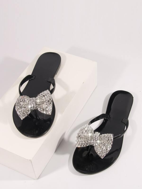 Sandales tongs pour femmes style preppy outdoor, avec nœud et décoration de strass, sandales plates à enfiler style gelée pour la Saint-Valentin