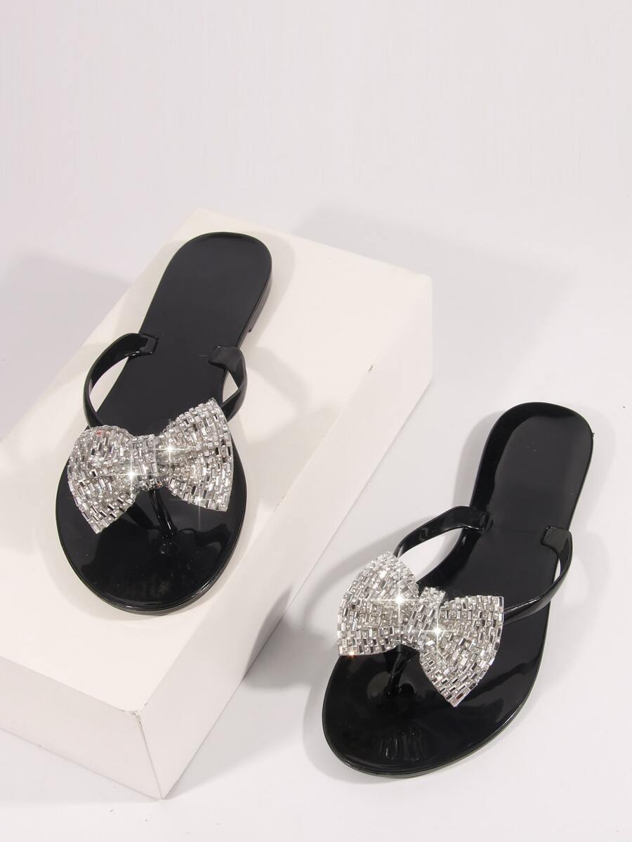 Preppy Outdoors Thong Sandals For Women, Bow & Rhinestone Decor Jelly Toe Post Flat Sandals Valentines,Spring Summer Outfits - Black - View 1
