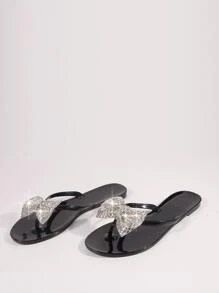 Preppy Outdoors Thong Sandals For Women, Bow & Rhinestone Decor Jelly Toe Post Flat Sandals Valentines,Spring Summer Outfits - Black - View 2