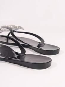 Preppy Outdoors Thong Sandals For Women, Bow & Rhinestone Decor Jelly Toe Post Flat Sandals Valentines,Spring Summer Outfits - Black - View 3