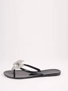 Preppy Outdoors Thong Sandals For Women, Bow & Rhinestone Decor Jelly Toe Post Flat Sandals Valentines,Spring Summer Outfits - Black - View 4