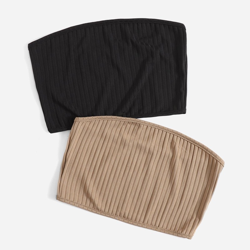 

2pcs Solid Ribbed Crop Tube Top, Multicolor