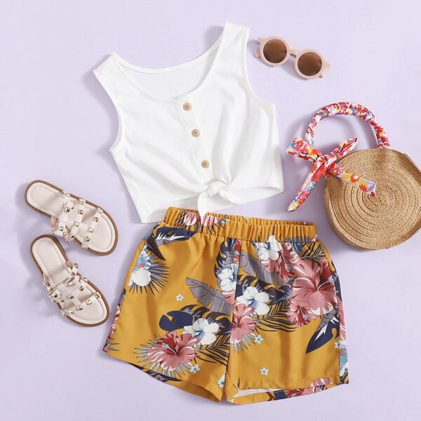 

Girls Button Front Knot Hem Tank Top & Tropical Print Shorts Set, Multicolor
