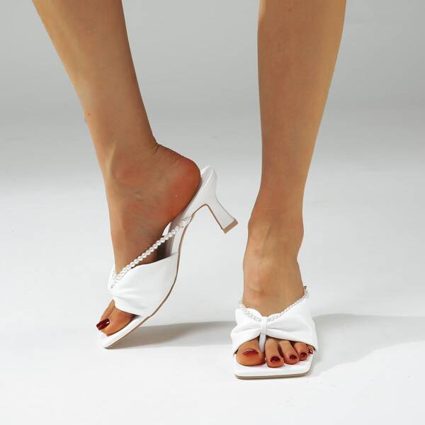 

Faux Pearl Decor Heeled Mules, White