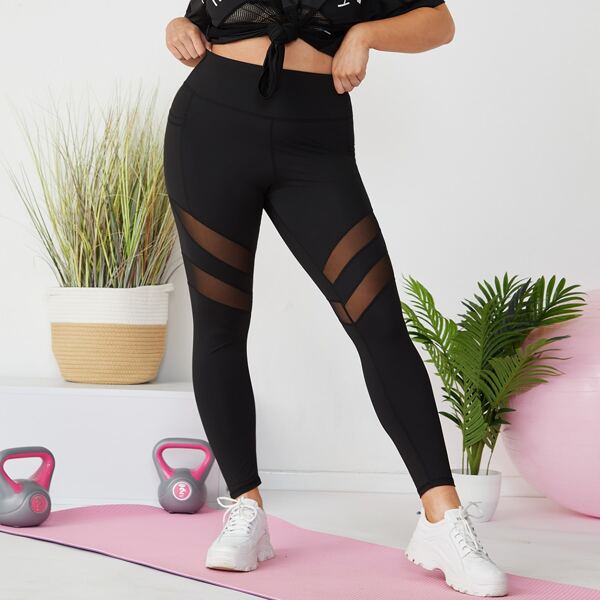 

Plus Contrast Mesh Sports Leggings, Black