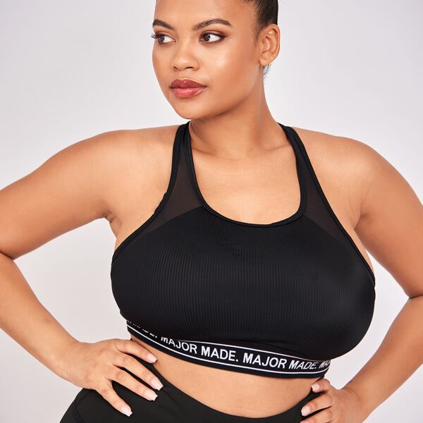 

размера плюс Спортивный бюстгальтер средней поддержки контрастный сетчатый с текстовым принтом, Чёрный