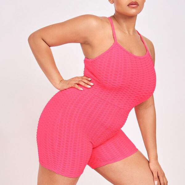 

Plus Textured Solid Cami Sports Romper, Hot pink