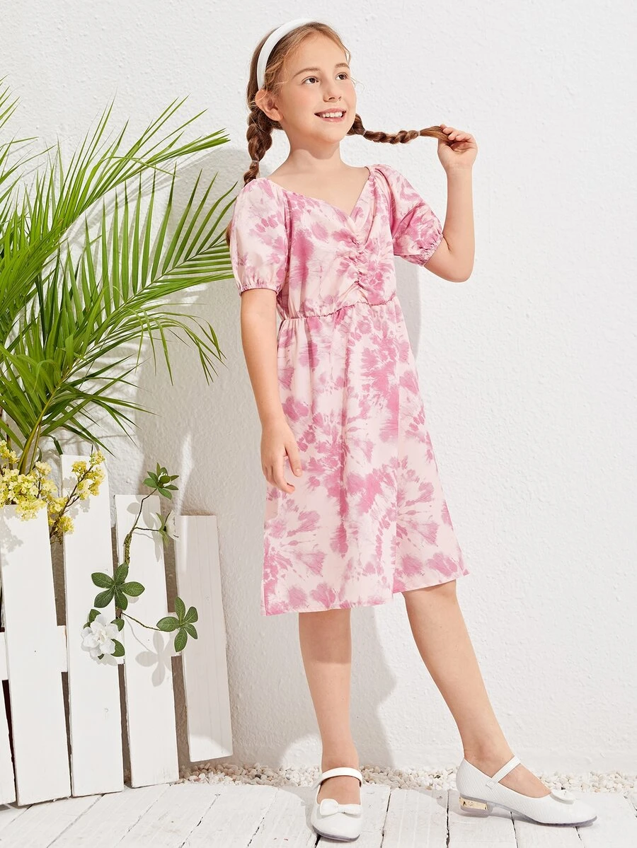 SHEIN Girls Ruched Bust Tie Dye Dress - Pink - View 1